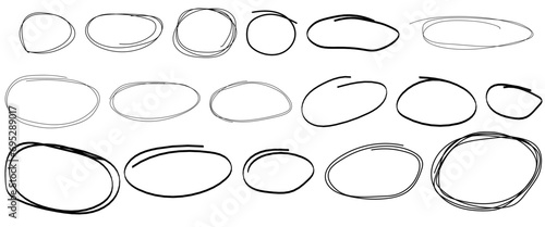Handdrawn doodle grunge circle highlights. Round scrawl frames. Charcoal pen round ovals. Marker scratch scribble inrounder. Vector illustration of freehand painted circular note