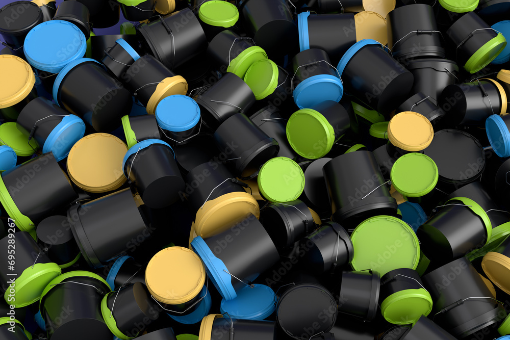 Fototapeta premium Pile of colorful plastic cans or buckets on white background.