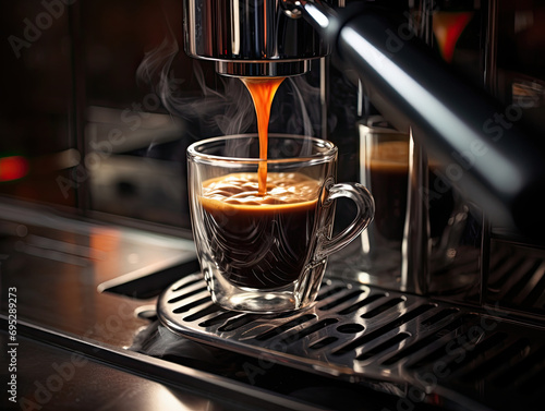 Close-up of the process of preparing espresso coffee in a transparent glass cup.