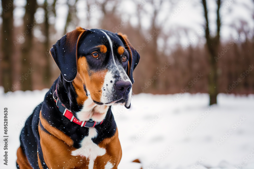 Portrait of a beautiful dog breed American English Coonhound in the park.  Generative AI