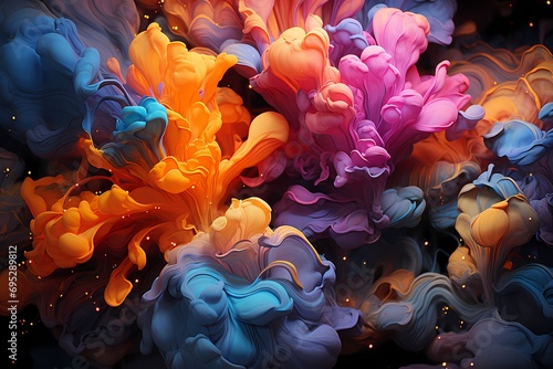 A kaleidoscopic explosion of liquid colors, forming intricate patterns and shapes, inviting viewers into a world of visual wonder