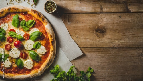 Copy Space image of Pizza Margherita on wooden background, Pizza Margarita with Tomatoes,