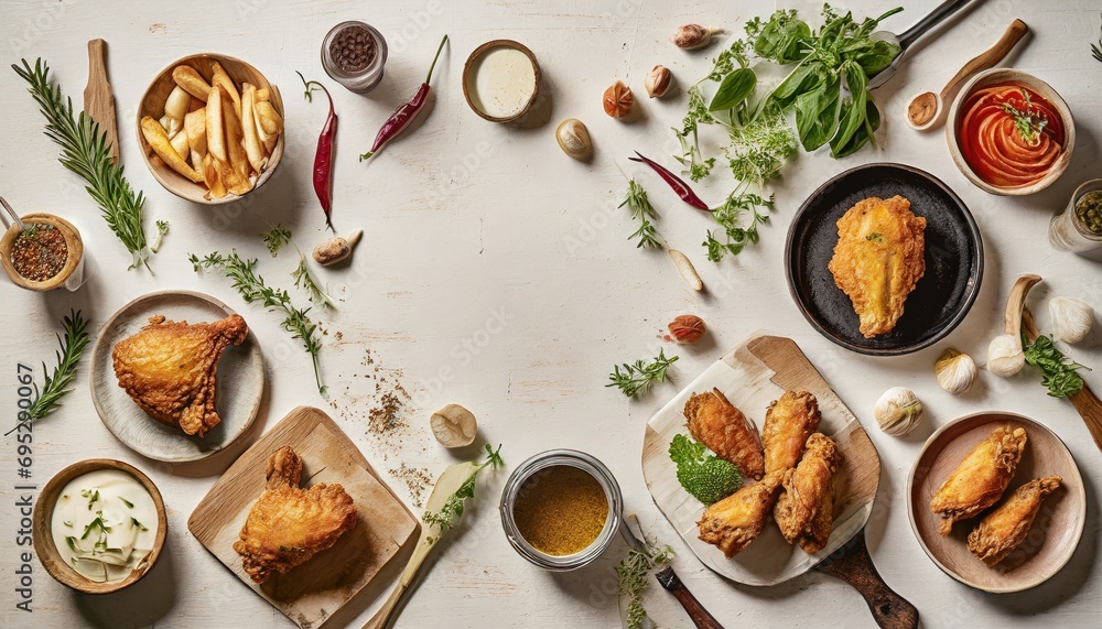 Copy Space image of Breaded chicken drumstick, leg, wing and breast tenders strips. Dark Wooden background. Copy Space image of Breaded chicken drumstick, leg, wing and breast tenders strips. Dark Wooden background.