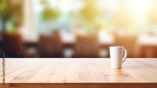 Empty Beautiful wood table top and blur bokeh modern kitchen interior background in clean and bright  Ready for product montage created with Generative Ai  