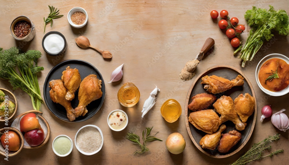 Copy Space image of Breaded chicken drumstick, leg, wing and breast tenders strips. Dark Wooden background. Copy Space image of Breaded chicken drumstick, leg, wing and breast tenders strips. Dark Wooden background.
