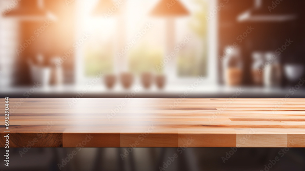 Empty Beautiful wood table top and blur bokeh modern kitchen interior background in clean and bright, Ready for product montage created with Generative Ai Empty Beautiful wood table top and blur bokeh modern kitchen interior background in clean and bright, Ready for product montage created with Generative Ai