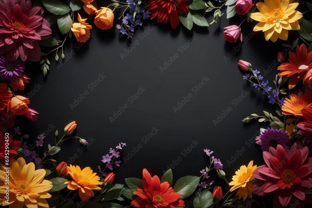 A frame of flowers with a black background