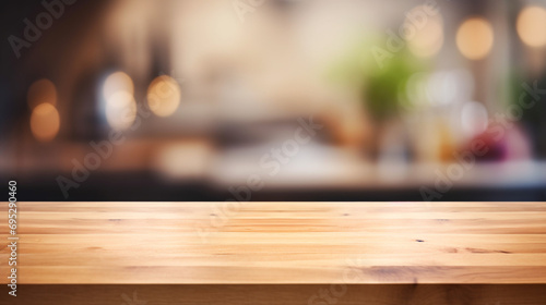 Empty Beautiful wood table top and blur bokeh modern kitchen interior background in clean and bright, Ready for product montage created with Generative Ai