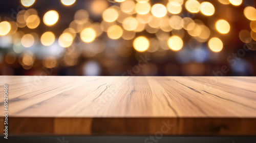 Empty Beautiful wood table top and blur bokeh modern kitchen interior background in clean and bright  Ready for product montage created with Generative Ai