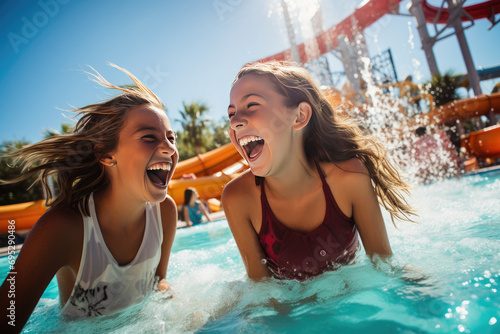 girls sharing moment of laughter while conversing in a pool at a water park photo