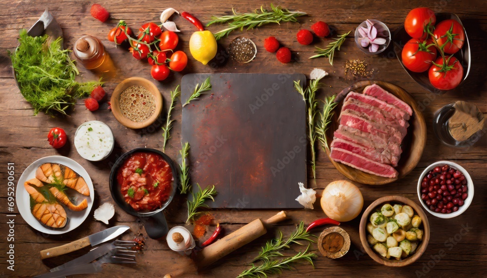 Barbecue menu. Grilled meat and vegetables on rustic wooden table Barbecue menu. Grilled meat and vegetables on rustic wooden table