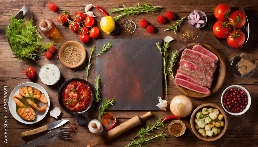 Barbecue menu. Grilled meat and vegetables on rustic wooden table