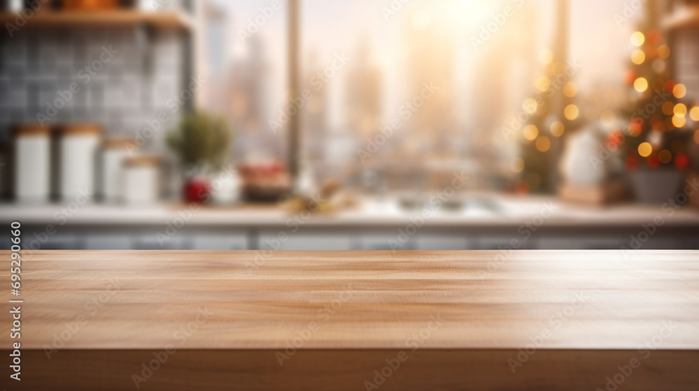 Empty Beautiful wood table top and blur bokeh modern kitchen interior background in clean and bright, Ready for product montage created with Generative Ai

