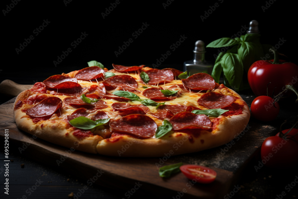 Pepperoni pizza on dark background Pepperoni pizza on dark background