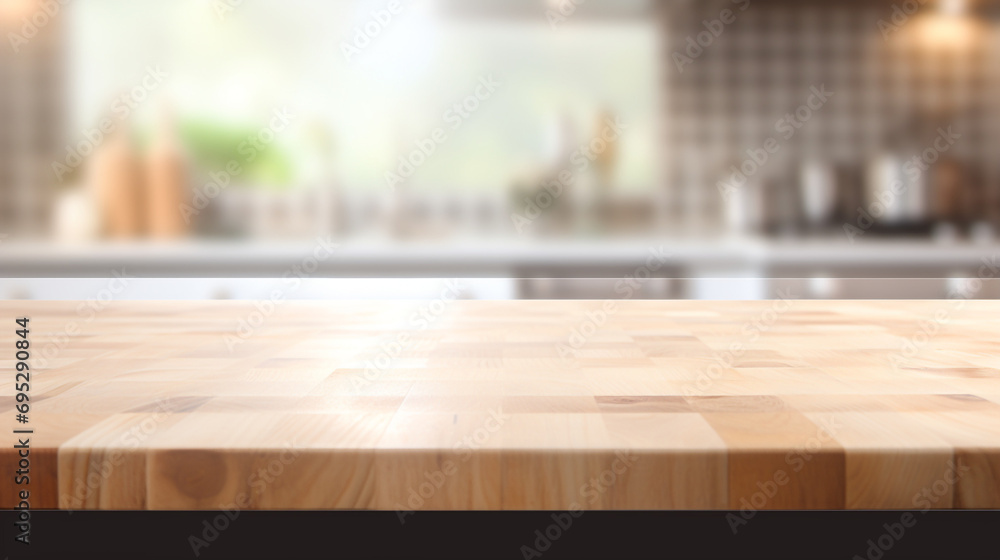 Empty Beautiful wood table top and blur bokeh modern kitchen interior background in clean and bright, Ready for product montage created with Generative Ai Empty Beautiful wood table top and blur bokeh modern kitchen interior background in clean and bright, Ready for product montage created with Generative Ai