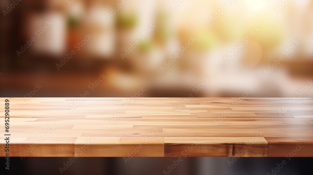 Empty Beautiful wood table top and blur bokeh modern kitchen interior background in clean and bright, Ready for product montage created with Generative Ai