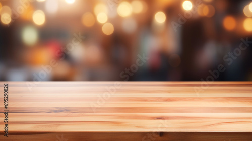 Empty Beautiful wood table top and blur bokeh modern kitchen interior background in clean and bright, Ready for product montage created with Generative Ai   © Andrii Yablonskyi