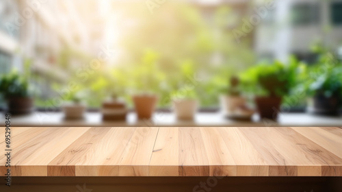 Empty Beautiful wood table top and blur bokeh modern kitchen interior background in clean and bright  Ready for product montage created with Generative Ai  