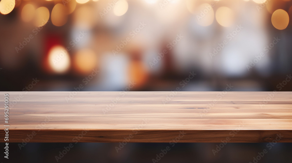 Empty Beautiful wood table top and blur bokeh modern kitchen interior background in clean and bright, Ready for product montage created with Generative Ai

