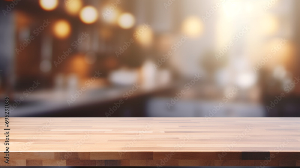 Empty Beautiful wood table top and blur bokeh modern kitchen interior background in clean and bright, Ready for product montage created with Generative Ai - obrazy, fototapety, plakaty 