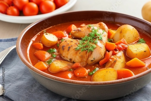 Chicken stew with tomatoes, onions, carrots, and potatoes.