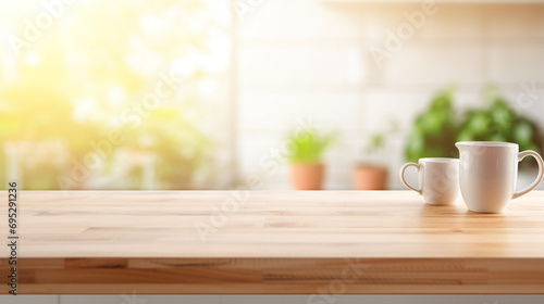 Empty Beautiful wood table top and blur bokeh modern kitchen interior background in clean and bright, Ready for product montage created with Generative Ai