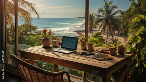 Beachside Freelance Works Remotely on Laptops with Ocean Views