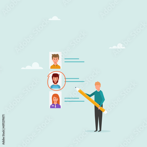 Recruitment process for selecting a candidate who matches the job concept, HR department for recruiting. A businessman with a pencil selects a candidate for a position.