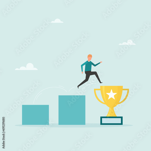 Learning from mistakes for career growth or becoming more professional, overcoming failure to become a master. A businessman is trying to jump onto a golden trophy.
