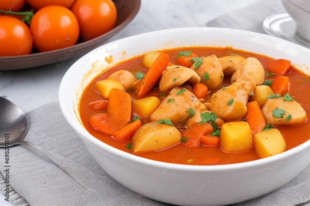 Chicken stew with tomatoes, onions, carrots, and potatoes. Chicken stew with tomatoes, onions, carrots, and potatoes.