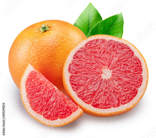 Red grapefruit and grapefruit slices on white background. File contains clipping path.