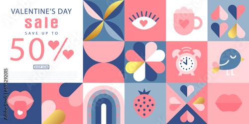 Happy Valentines Day Sale, February 14th. Vector illustration for banner, posters, holiday cover . Abstract design with romantic decorative elements. Modern minimalist geometric style