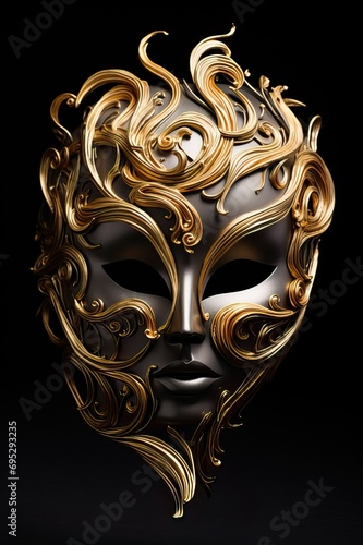 Majestic Venetian Mask with Intricate Gold Filigree on a Black Background