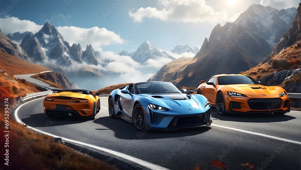 a dynamic scene of two high-performance sports cars racing on a winding mountain road ai generated - obrazy, fototapety, plakaty 