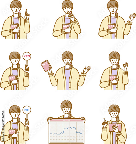 基礎体温にまつわる女性のいろいろなポーズと表情セット