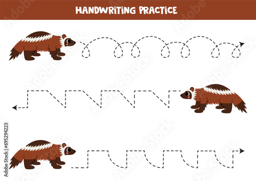 Tracing lines for kids.  Cute cartoon wolverine. Handwriting practice.
