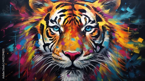 colorful oil painting of a close-up tiger face