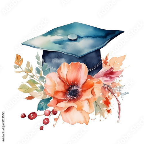 Watercolor graduating cap with flower bouquet on a transparent background