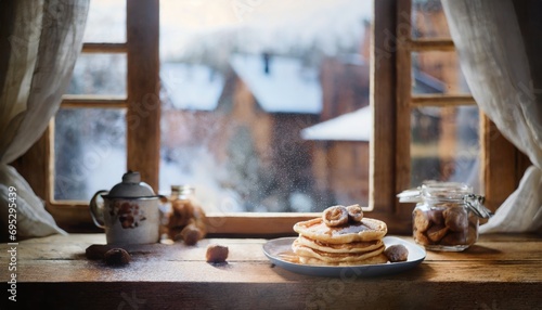 Copy Space image through windows of Belgian waffles with berries and powdered sugar in a white plate on a dark wooden