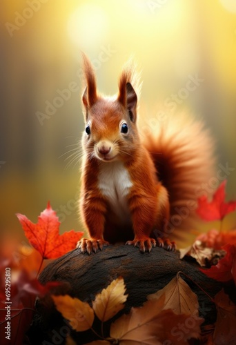 A squirrel sits on a log in a colorful autumn forest, holding an acorn in its paws. Generative AI.