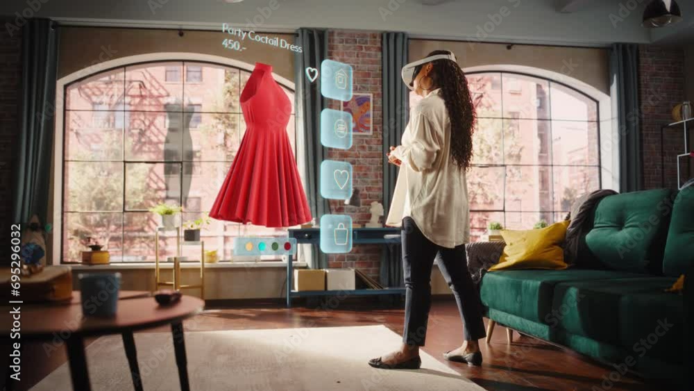 Black Woman Using Virtual Reality Headset for Online Shopping, Browsing through Stylish Dresses and Clothing items. Ordering from Mock-up Internet Store App for e-Commerce products. Augmented Reality