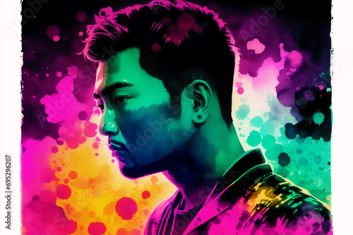 An illustration of a young asian man. Silhouette. Watercolor paint. Generative AI