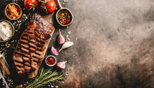 BBQ Grilled rib eye steak, fried rib eye beef meat on a plate with green salad. Dark background.