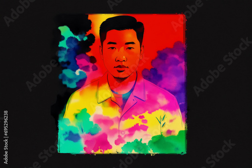 An illustration of a young asian man. Silhouette. Watercolor paint. Generative AI