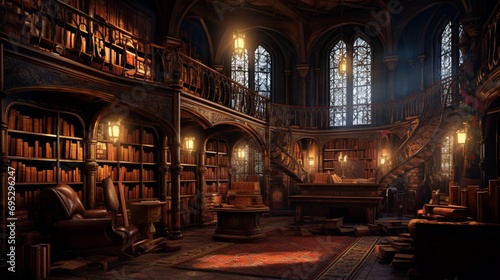 an ancient library filled with weathered, leather-bound books stacked in wooden shelves. The room is dimly lit by antique lamps casting warm, soft light. 