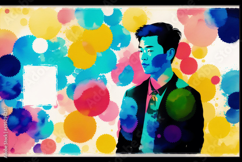 An illustration of a young asian man. Silhouette. Watercolor paint. Generative AI