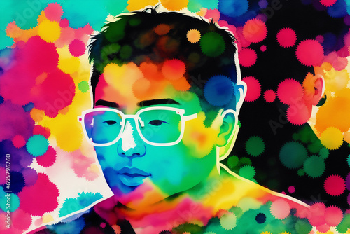 An illustration of a young asian man. Silhouette. Watercolor paint. Generative AI