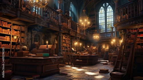  an ancient library filled with weathered  leather-bound books stacked in wooden shelves. The room is dimly lit by antique lamps casting warm  soft light. 