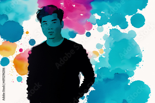 An illustration of a young asian man. Silhouette. Watercolor paint. Generative AI
