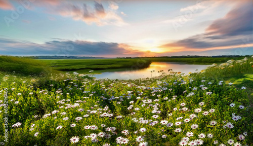 Beautiful summer spring natural landscape with lake and wildflowers at sunset. © Laura Pashkevich